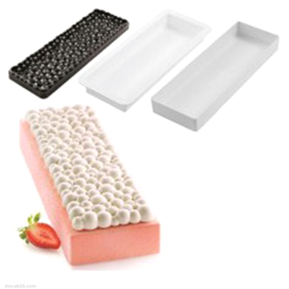 composto da tre elementi: uno stampo in silicone per realizzare una preparazione dal volume di 1300 ml; un supporto in plastica per garantire maggiore stabilità e facilità di utilizzo e un tappeto in silicone dall