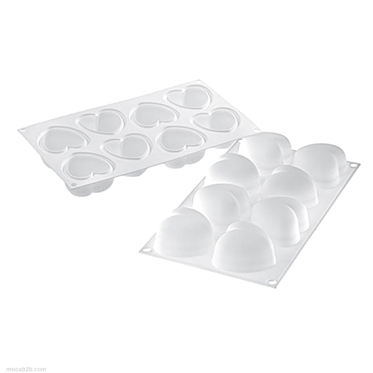 Stampo in silicone per realizzare monoporzioni a forma di cuore. Ciascuna cavità è dotata di una speciale e innovativa bordatura sulla parte superiore. studiata per conferire alle preparazioni una particolare forma arrontondata alla base. 
