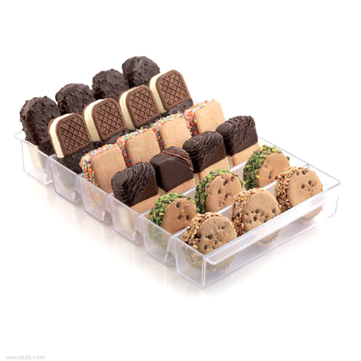 Espositore in polistirene per presentare i gelati su stecco e i biscotti gelato posizionandoli verso il basso. Dimensioni: 235 x 360 h 48 mm. 