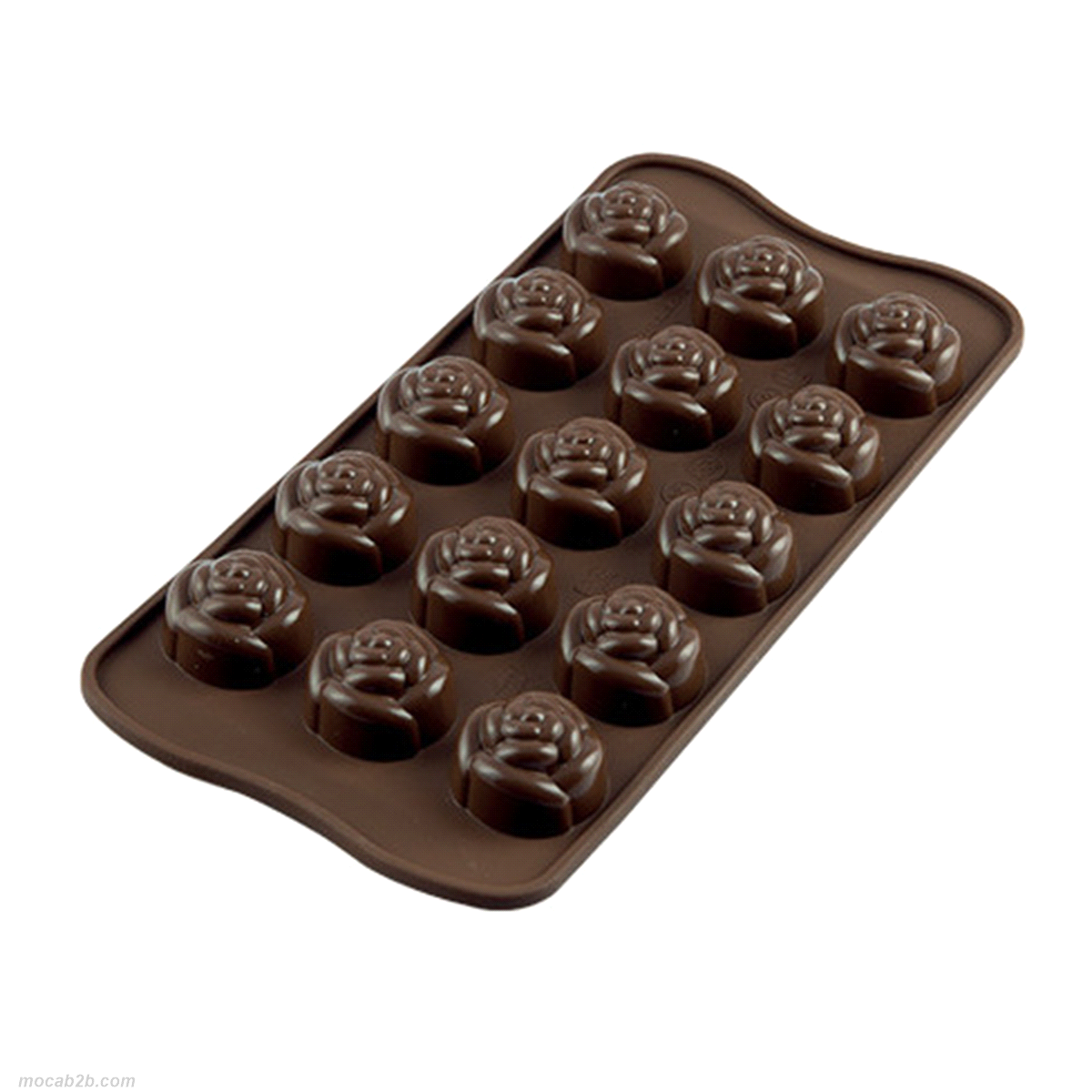 Lo stampo Rose permette di realizzare 15 cioccolatini per stampo. Dimensione: Ø 28 h 18 mm. Volume: 215 ml. 