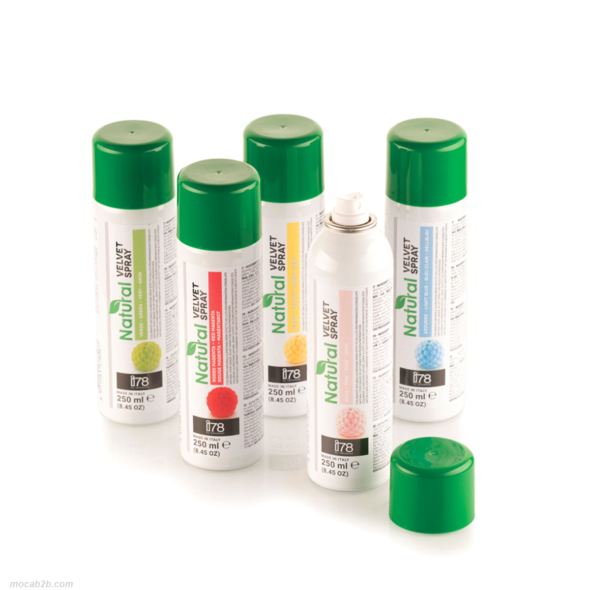 Burro di cacao spray, perfetto per mousse, entremet e prodotti congelati. Gluten free. Non contiene coloranti azoici aggiuntivi. Palm oil free. E171 free. 