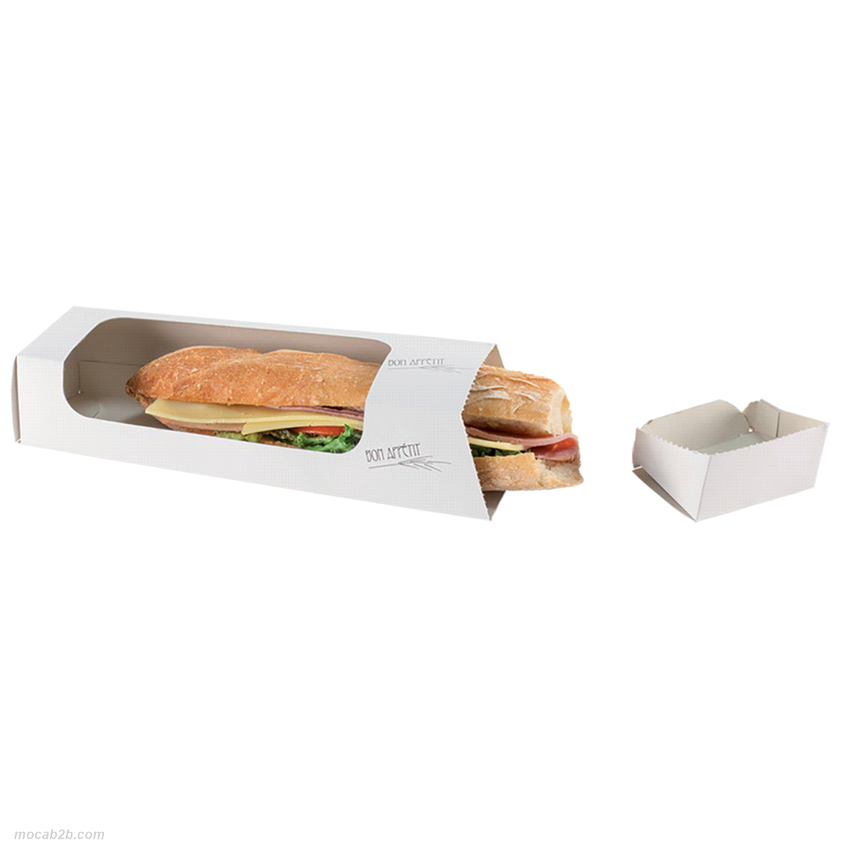 Scatola automontante con apertura a strappo porta baguette con finestra in PE. Misure: 29x7,5x5,5cm. 