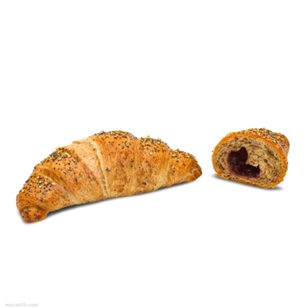 Croissant sfogliati alla francese che si caratterizzano per la croccantezza tipica e una nota delicata di burro. Impasto scuro ricco di cereali e semi (grano tenero, orzo, avena, lino, papavero) leggermente salati con un gusto pronunciato dalla forte identità che ben contrasta la dolcezza del ripieno. La farcitura è la più apprezzata da sempre dagli amanti del croissant farcito ai cereali, ma l