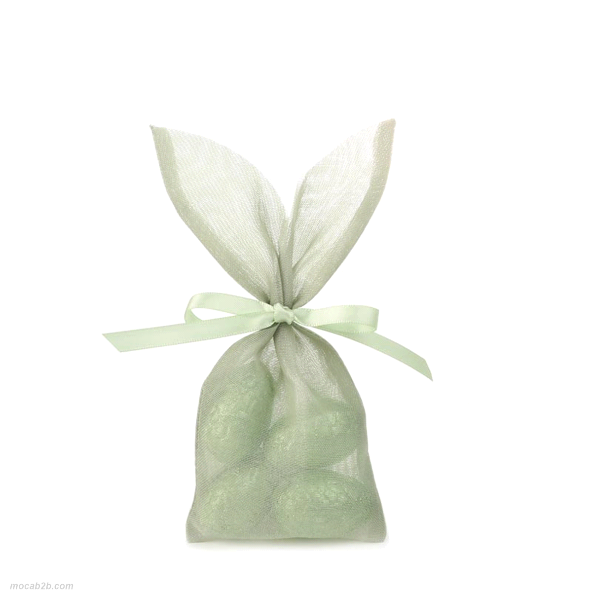 Sacchetto organza bunny bag palette verde chiaro con nastrino. Misure: 17x8cm. 